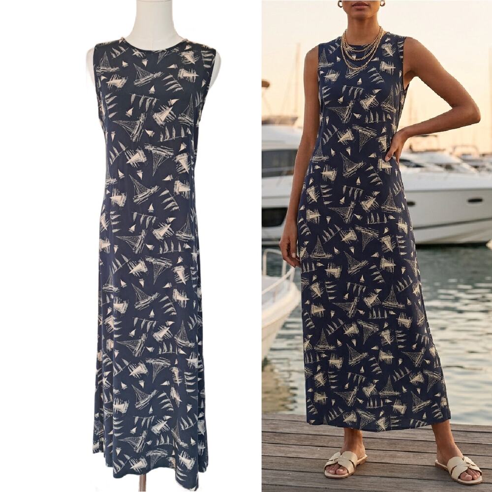 Lauren Ralph Lauren Vintage 100% Silk Nautical Sailboat Maxi Dress Navy Size 10 - Picture 11 of 11